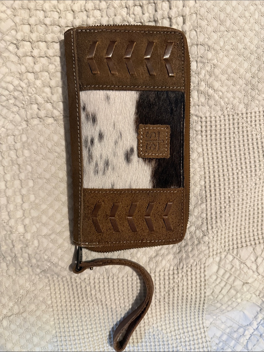 STS Leather and Cowhide Wristlet Wallet in Brown and White